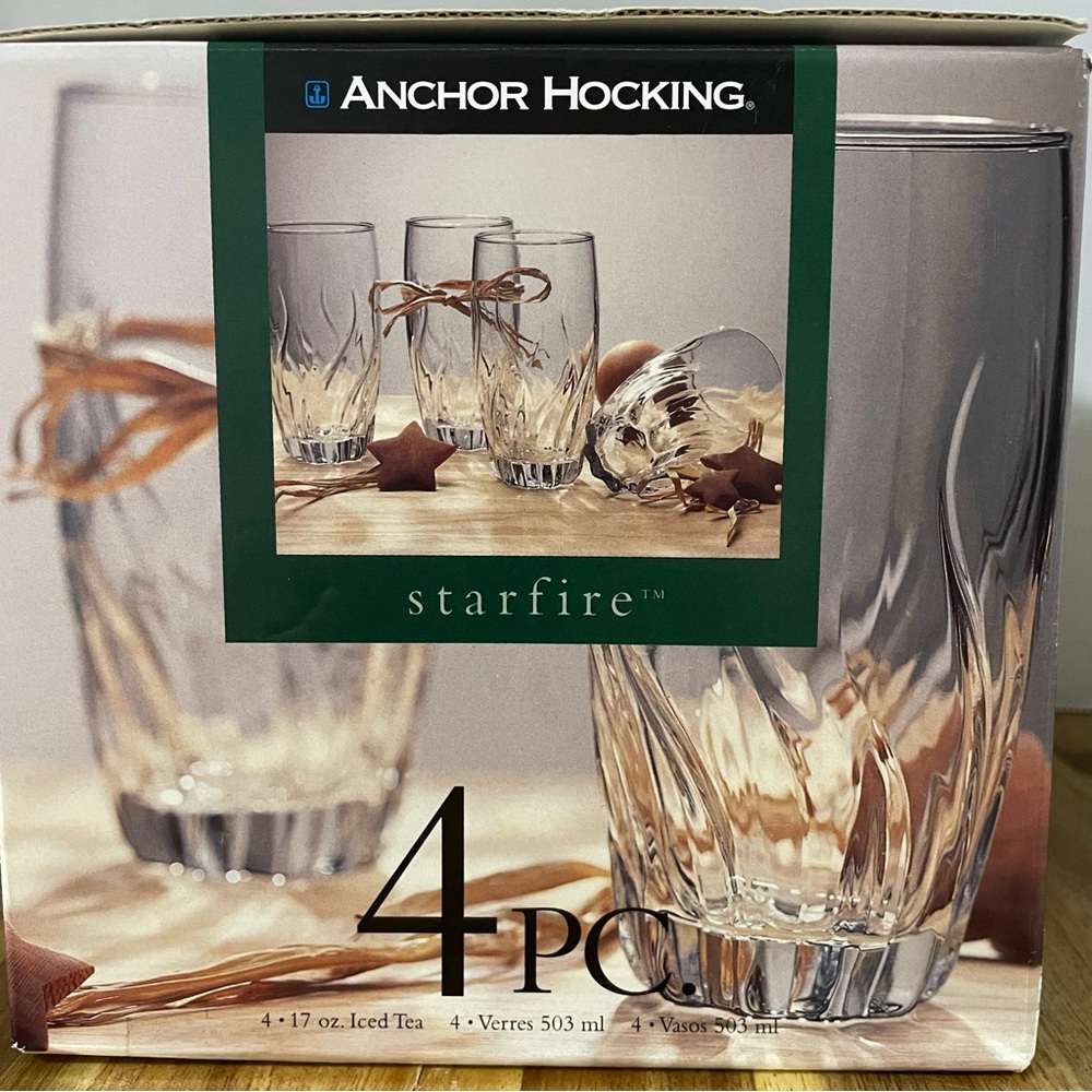 Anchor Hocking Starfire 17oz Iced Tea Drinking Glasses 1996 Star Shaped Base VTG